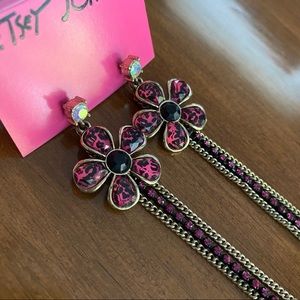 Long Betsey Johnson leopard print flower earrings